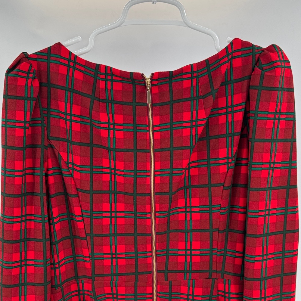 Calvin Klein Red and Green Plaid Midi Dress 3/4 sleeve puff shoulder holiday 16 - Picture 3 of 12